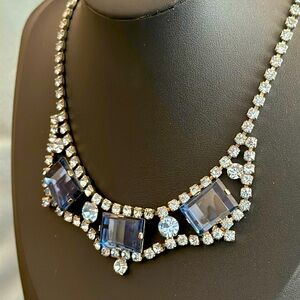 Vintage Blue Crystal & Rhinestone Necklace w Extra Sterling Silver Extension
